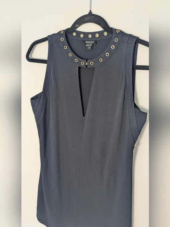 Worth Womens Gold Embellished Top Sleeveless Dark Navy Size S V-neck Office EUC - Picture 2 of 9